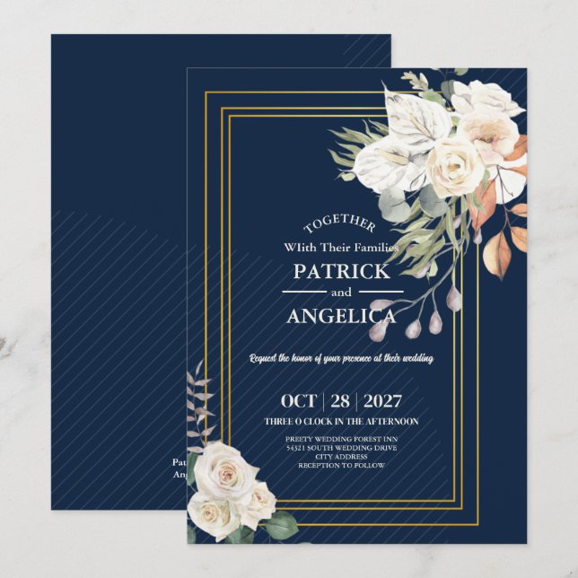 Modern Navy Blue Burgundy Gold Blush Pink Wedding Invitation (Front/Back)