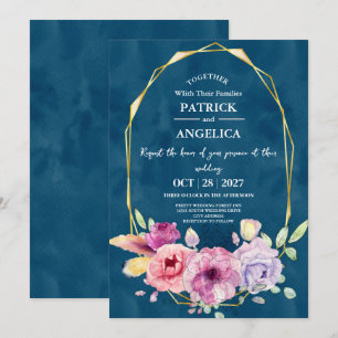 Modern Navy Blue Burgundy Gold Blush Pink Wedding Invitation