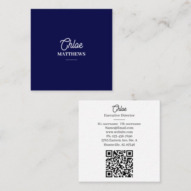 Modern Navy Blue Business Card with QR Code (Front/Back)