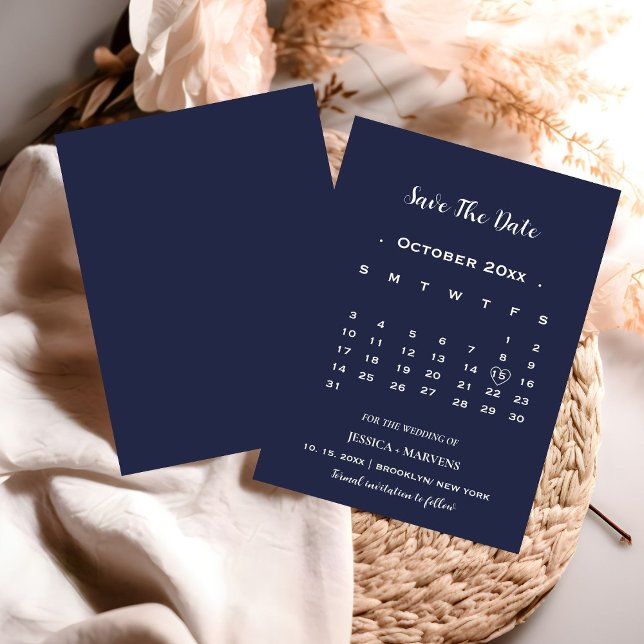 Modern navy blue calendar non-photo save the date invitation (Creator Uploaded)