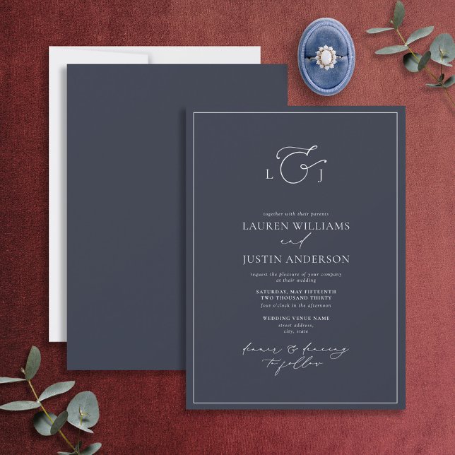 Modern Navy Blue Calligraphy Monogram Wedding Invi Invitation (Creator Uploaded)