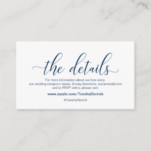Modern Navy Blue calligraphy, Our Details, website Enclosure Card