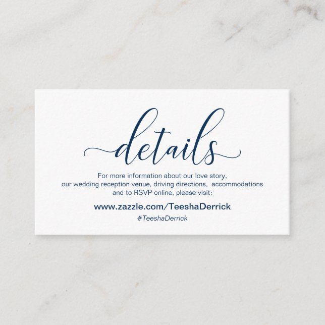 Modern Navy Blue calligraphy, Wedding Details Enclosure Card (Front)