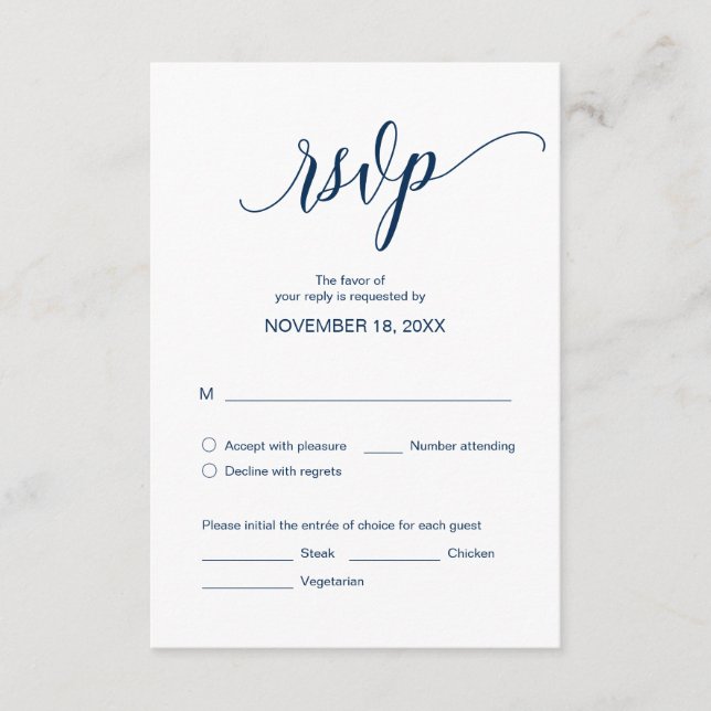 Modern Navy Blue Calligraphy, Wedding Dinner RSVP Enclosure Card (Front)