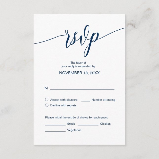 Modern Navy Blue Calligraphy, Wedding Dinner RSVP Enclosure Card (Front)
