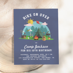 Modern Navy Blue Camping Birthday Party Invitation Postcard