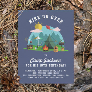 Modern Navy Blue Camping Birthday Party Invitation Postcard