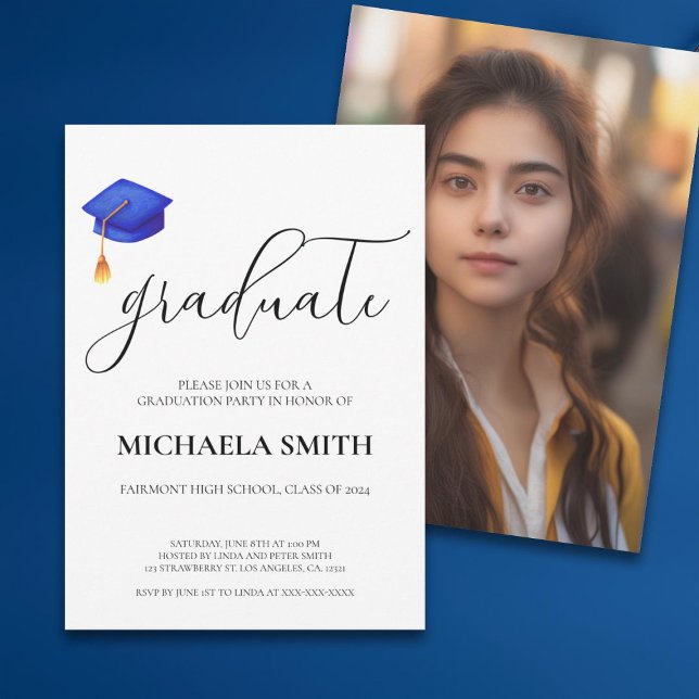 Modern Navy Blue Cap High School Photo Graduation Invitation (Creator Uploaded)