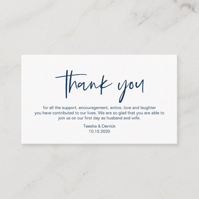 Modern Navy Blue casual elegance font, Thank you Enclosure Card (Front)