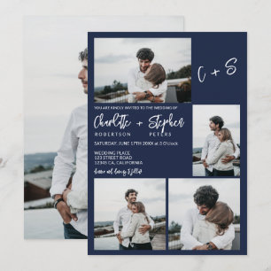 Modern navy blue casual initials 5 photos wedding invitation