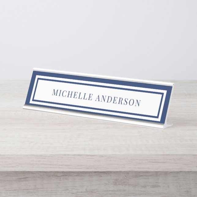 Modern Navy Blue Chic Double Boarder Elegant  Desk Name Plate (Front)