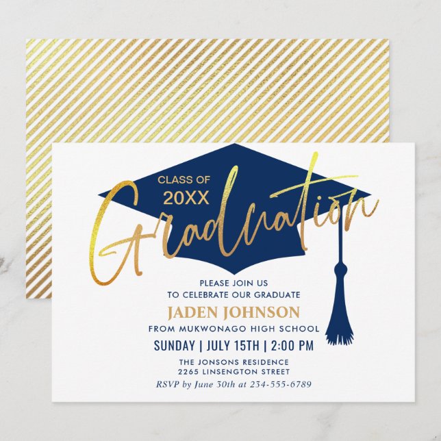 Modern Navy Blue Class of 2024 Graduation Party Invitation (Front/Back)