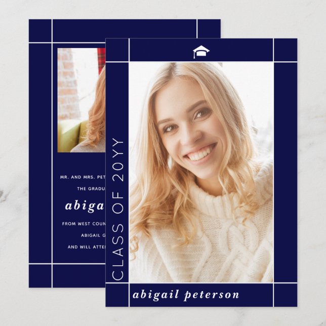 Modern navy blue Class of 2025 graduation photo Announcement (Front/Back)