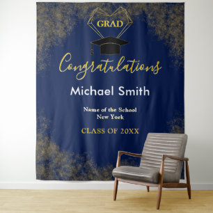 Modern Navy Blue Classy Gold Grad Photo Backdrop  Tapestry