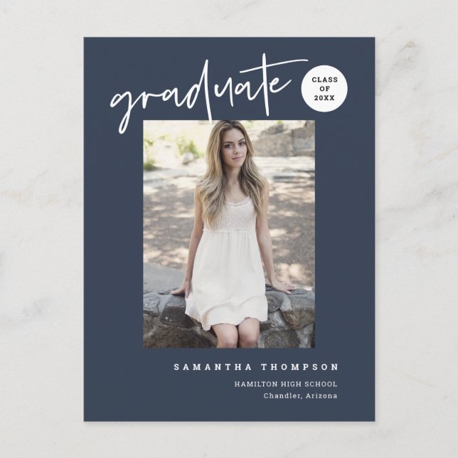 Modern Navy Blue College High School Grad Photo Postcard (Front)