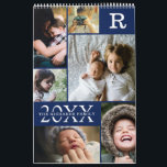 Modern Navy Blue Colour Block Family Photo Collage Calendar<br><div class="desc">Modern Navy Blue Colour Block Family Photo Collage - with personalised family last name, year, and initial letter, all arranged in an elegant grid layout. This modern and sleek design displays 6 of your own pictures beautifully on the Cover, 6 More on the Back, and a single photo for every...</div>