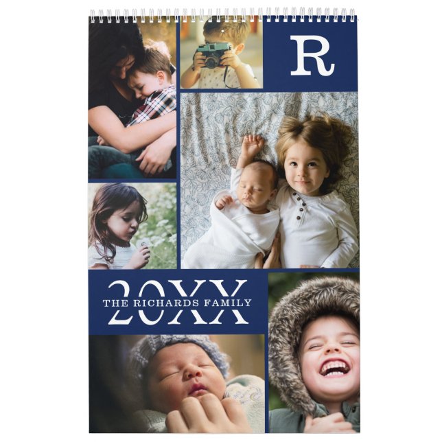 Modern Navy Blue Colour Block Family Photo Collage Calendar (Cover)