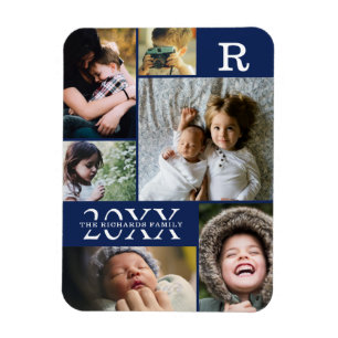 Modern Navy Blue Colour Block Family Photo Collage Magnet