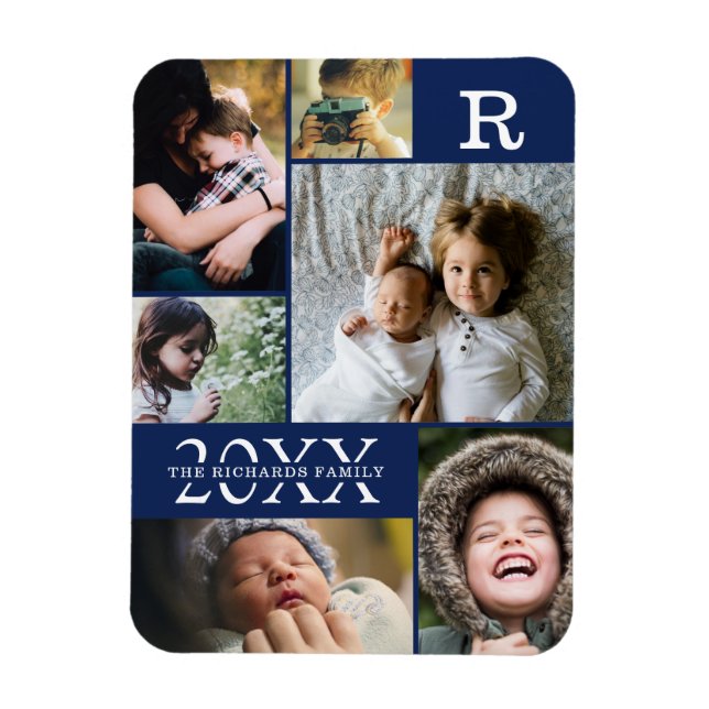 Modern Navy Blue Colour Block Family Photo Collage Magnet (Vertical)