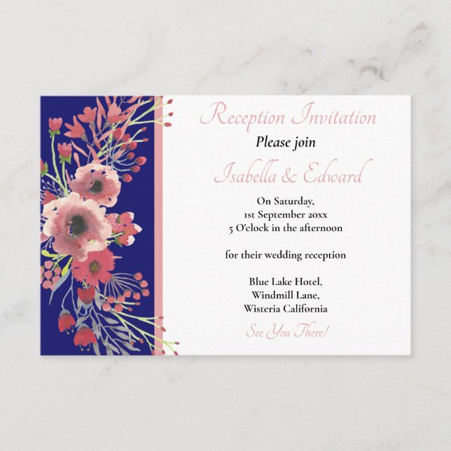 Modern Navy Blue Coral Floral Bouquet Wedding Encl Enclosure Card (Front)