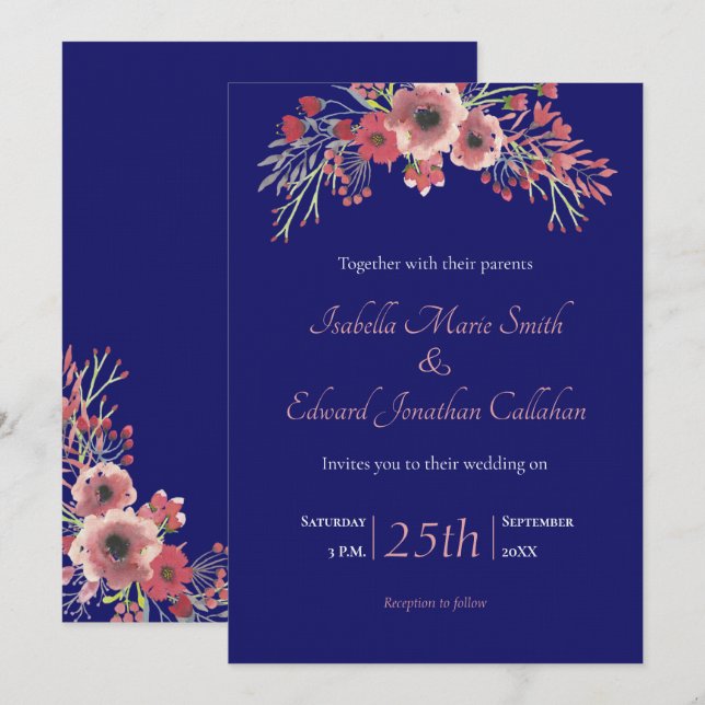 Modern Navy Blue Coral Peony Floral Wedding Invitation (Front/Back)