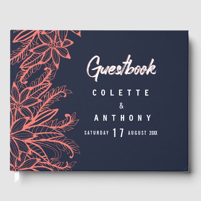 Modern navy blue coral summer floral Wedding Guest Book (Front)