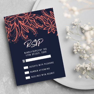 Modern navy blue coral summer floral Wedding RSVP