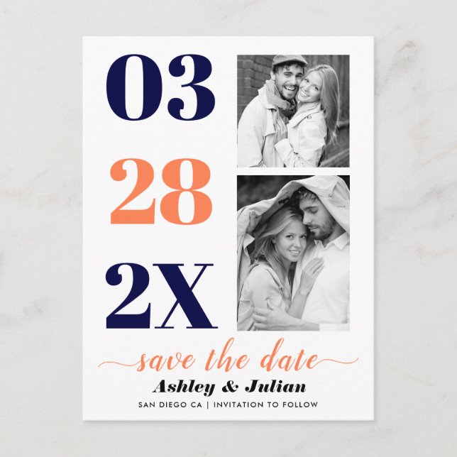 Modern navy blue, coral two photo Save the Date Postcard (Front)