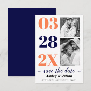 Modern navy blue, coral typography two photo save the date