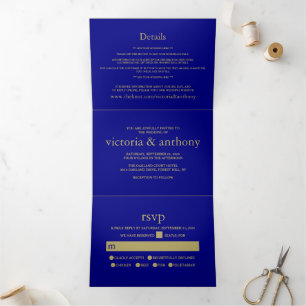 Modern Navy Blue & Crimson Red Wedding Suite Tri-Fold Invitation