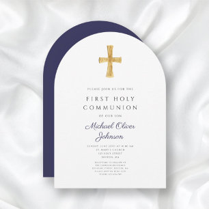 Modern Navy Blue Cross Boy First Communion Arch Invitation