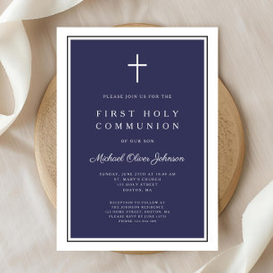 Modern Navy Blue Cross Boy First Communion Invitation