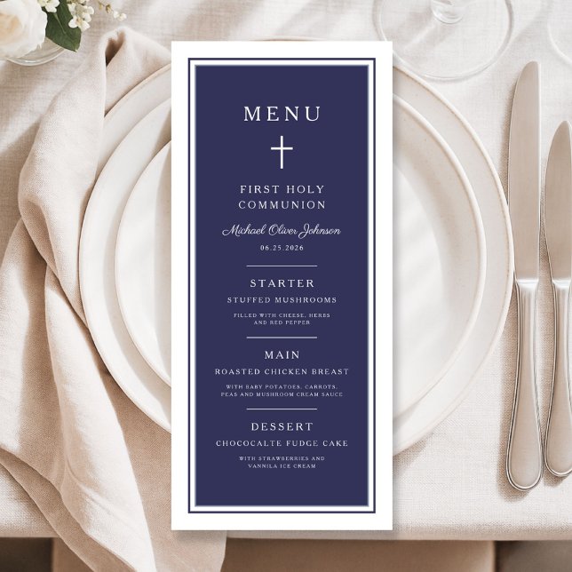 Modern Navy Blue Cross Boy First Communion Menu (Modern Navy Blue Cross Boy First Communion Menu)