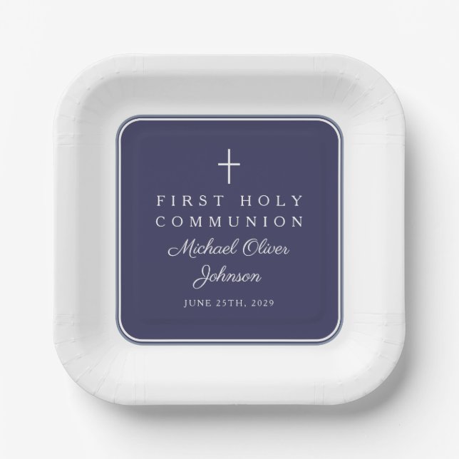 Modern Navy Blue Cross Boy First Communion Paper Plate (Front)