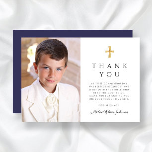 Modern Navy Blue Cross Boy First Communion Photo Thank You Card