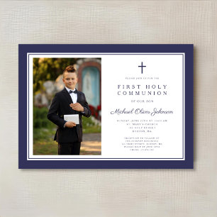 Modern Navy Blue Cross Boy Photo First Communion Invitation