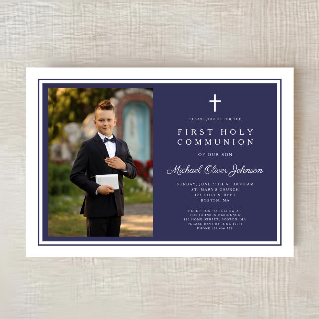 Modern Navy Blue Cross Boy Photo First Communion Invitation (Modern Navy Blue Cross Boy Photo First Communion Invitation)