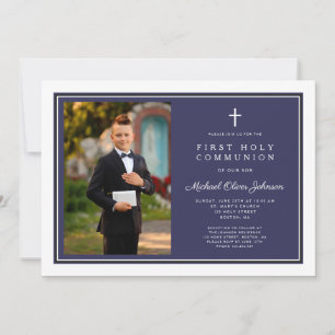 Modern Navy Blue Cross Boy Photo First Communion Invitation