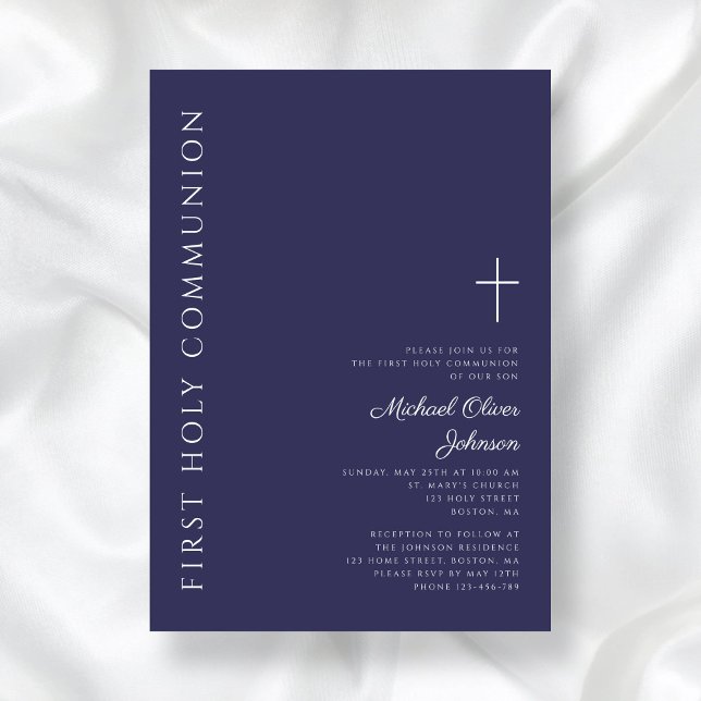 Modern Navy Blue Cross First Communion Invitation (Modern Navy Blue Cross First Communion Invitation)