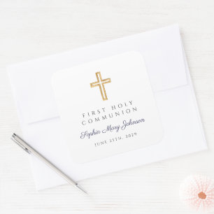 Modern Navy Blue Cross First Communion Square Sticker