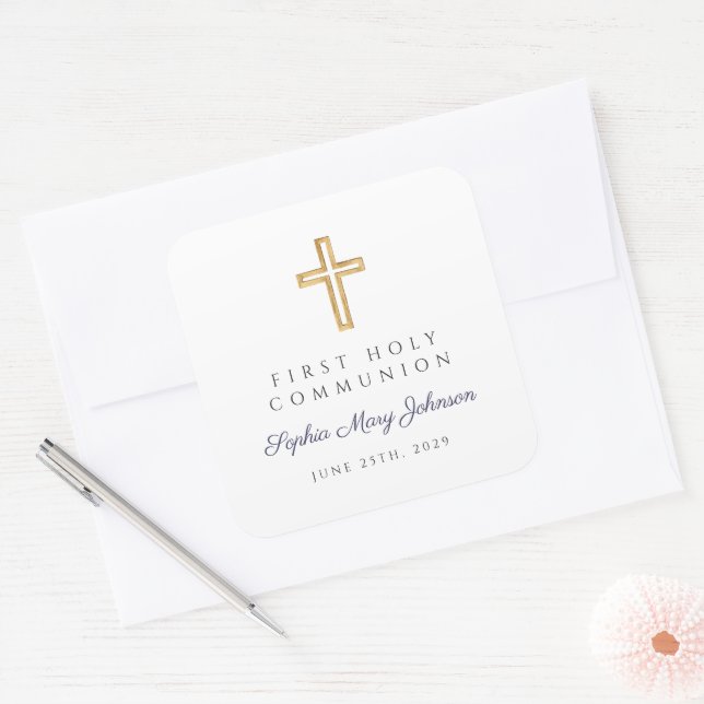 Modern Navy Blue Cross First Communion  Square Sticker (Envelope)