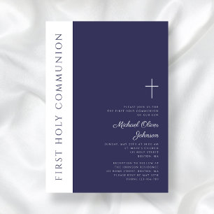 Modern Navy Blue Cross First Holy Communion Invitation