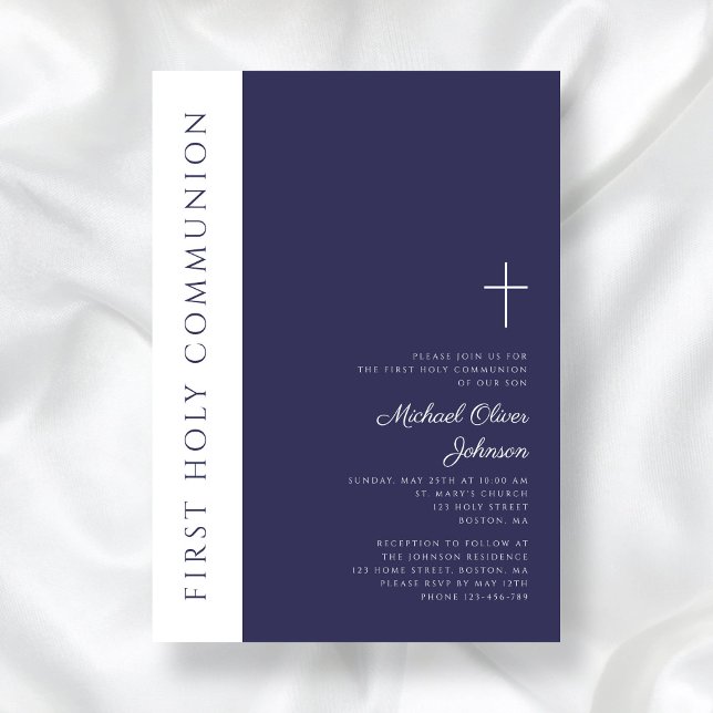 Modern Navy Blue Cross First Holy Communion Invitation (Modern Navy Blue Cross First Holy Communion Invitation)