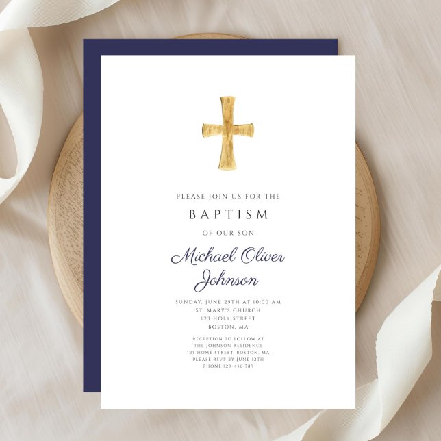 Modern Navy Blue Cross Religious Boy Baptism Invitation (Modern Navy Blue Cross Religious Boy Baptism Invitation)