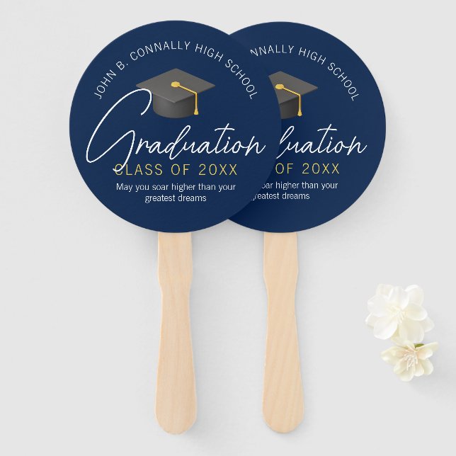 Modern Navy Blue Custom Graduation Party Hand Fan (Front and Back)