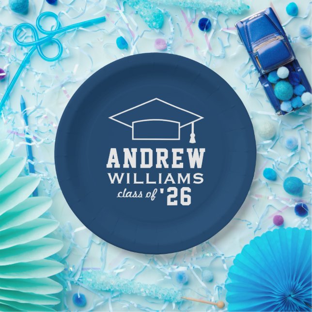 Modern Navy Blue Custom Graduation Party Paper Plate (Party)