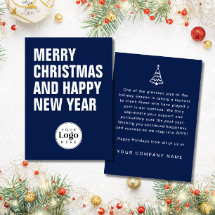 Modern Navy Blue Custom Logo Business Christmas Holiday Card
