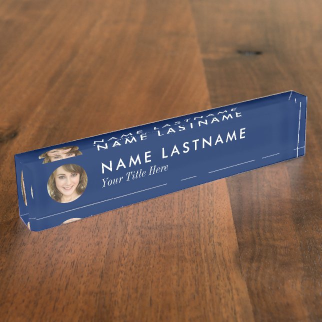 Modern Navy Blue Custom Photo Modern Minimalist Nameplate (Side)