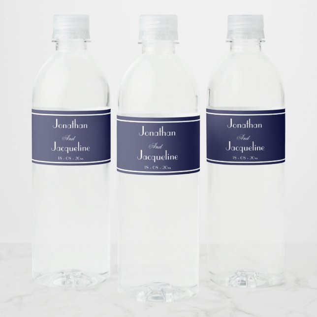 Modern Navy Blue Cute Custom Wedding Water Bottle Label (Bottles)