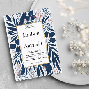 Modern navy blue dusty pink floral Wedding Invitation